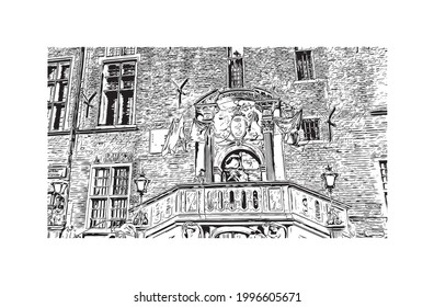 Building view with landmark of Gdansk is the 
city in Poland. Hand drawn sketch illustration in vector.