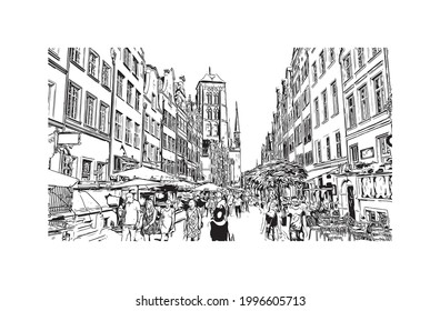 Building view with landmark of Gdansk is the 
city in Poland. Hand drawn sketch illustration in vector.