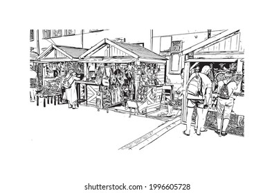 Building view with landmark of Gdansk is the 
city in Poland. Hand drawn sketch illustration in vector.