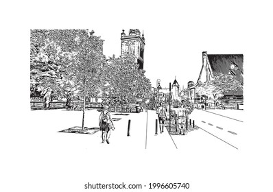Building view with landmark of Gdansk is the 
city in Poland. Hand drawn sketch illustration in vector.