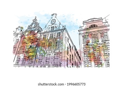 Building view with landmark of Gdansk is the 
city in Poland. Watercolor splash with hand drawn sketch illustration in vector.