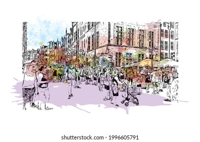 Building view with landmark of Gdansk is the 
city in Poland. Watercolor splash with hand drawn sketch illustration in vector.
