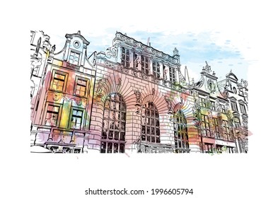 Building view with landmark of Gdansk is the 
city in Poland. Watercolor splash with hand drawn sketch illustration in vector.