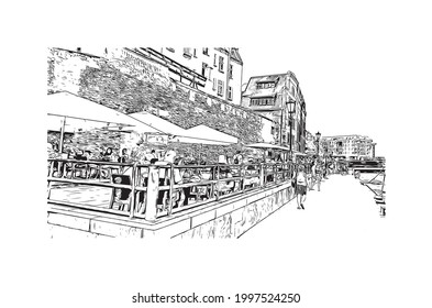 Building view with landmark of Gdansk is the 
city in Poland. Hand drawn sketch illustration in vector.