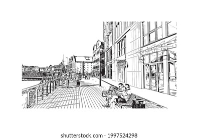 Building view with landmark of Gdansk is the 
city in Poland. Hand drawn sketch illustration in vector.