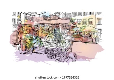 Building view with landmark of Gdansk is the 
city in Poland. Watercolor splash with hand drawn sketch illustration in vector.
