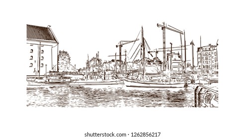 Building view with landmark of Gdansk (Danzig in German) is a port city on the Baltic coast of Poland. Hand drawn sketch illustration in vector.