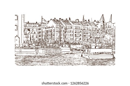 Building view with landmark of Gdansk (Danzig in German) is a port city on the Baltic coast of Poland. Hand drawn sketch illustration in vector.