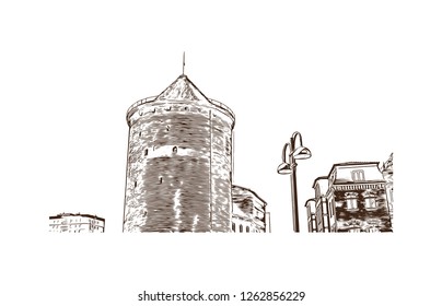 Building view with landmark of Gdansk (Danzig in German) is a port city on the Baltic coast of Poland. Hand drawn sketch illustration in vector.