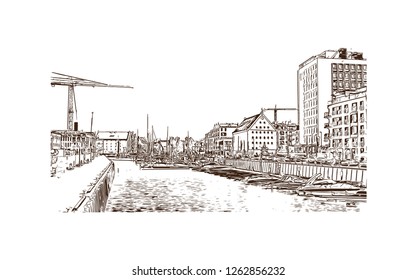 Building view with landmark of Gdansk (Danzig in German) is a port city on the Baltic coast of Poland. Hand drawn sketch illustration in vector.