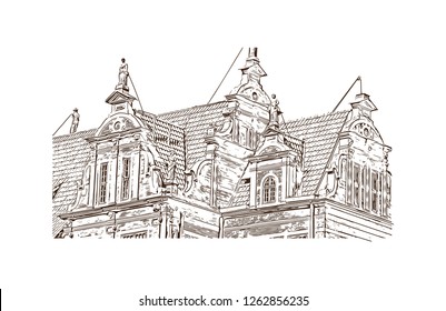 Building view with landmark of Gdansk (Danzig in German) is a port city on the Baltic coast of Poland. Hand drawn sketch illustration in vector.