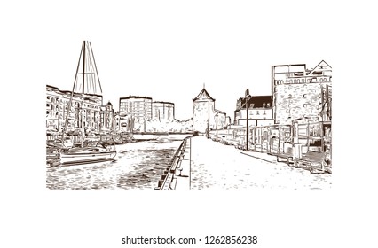 Building view with landmark of Gdansk (Danzig in German) is a port city on the Baltic coast of Poland. Hand drawn sketch illustration in vector.