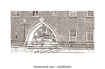 Building view with landmark of Gdansk (Danzig in German) is a port city on the Baltic coast of Poland. Hand drawn sketch illustration in vector.