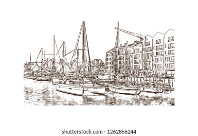 Building view with landmark of Gdansk (Danzig in German) is a port city on the Baltic coast of Poland. Hand drawn sketch illustration in vector.