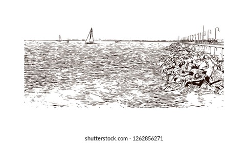 Building view with landmark of Gdansk (Danzig in German) is a port city on the Baltic coast of Poland. Hand drawn sketch illustration in vector.
