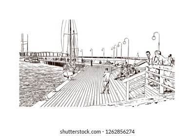 Building view with landmark of Gdansk (Danzig in German) is a port city on the Baltic coast of Poland. Hand drawn sketch illustration in vector.