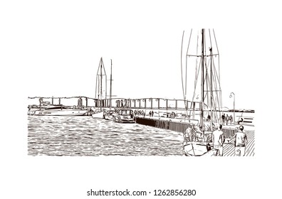 Building view with landmark of Gdansk (Danzig in German) is a port city on the Baltic coast of Poland. Hand drawn sketch illustration in vector.