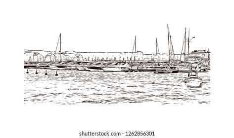 Building view with landmark of Gdansk (Danzig in German) is a port city on the Baltic coast of Poland. Hand drawn sketch illustration in vector.