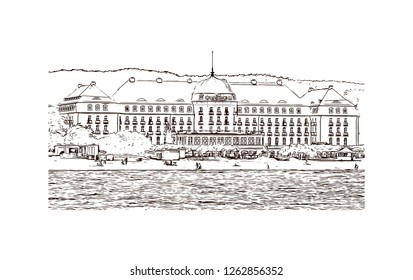 Building view with landmark of Gdansk (Danzig in German) is a port city on the Baltic coast of Poland. Hand drawn sketch illustration in vector.