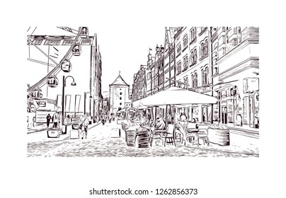 Building view with landmark of Gdansk (Danzig in German) is a port city on the Baltic coast of Poland. Hand drawn sketch illustration in vector.