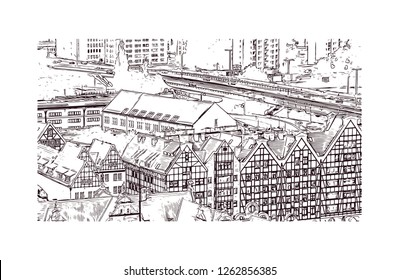 Building view with landmark of Gdansk (Danzig in German) is a port city on the Baltic coast of Poland. Hand drawn sketch illustration in vector.