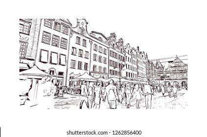 Building view with landmark of Gdansk (Danzig in German) is a port city on the Baltic coast of Poland. Hand drawn sketch illustration in vector.