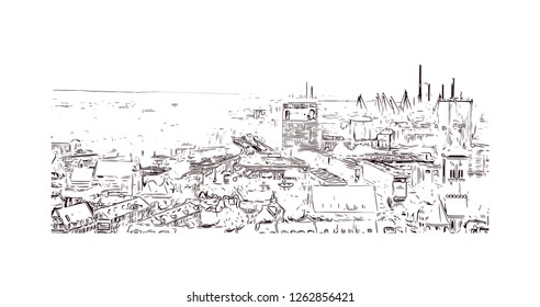 Building view with landmark of Gdansk (Danzig in German) is a port city on the Baltic coast of Poland. Hand drawn sketch illustration in vector.