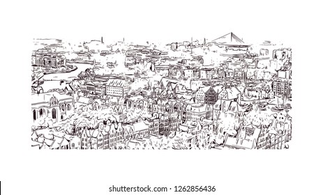 Building view with landmark of Gdansk (Danzig in German) is a port city on the Baltic coast of Poland. Hand drawn sketch illustration in vector.