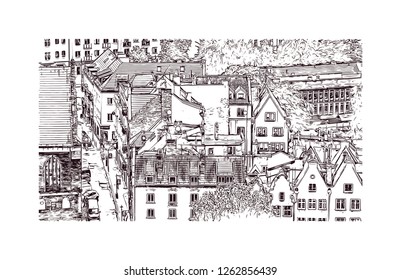 Building view with landmark of Gdansk (Danzig in German) is a port city on the Baltic coast of Poland. Hand drawn sketch illustration in vector.