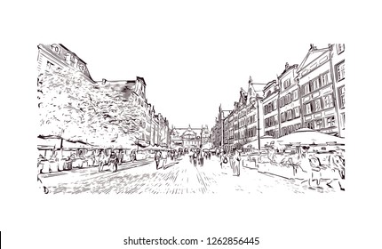 Building view with landmark of Gdansk (Danzig in German) is a port city on the Baltic coast of Poland. Hand drawn sketch illustration in vector.