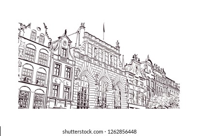 Building view with landmark of Gdansk (Danzig in German) is a port city on the Baltic coast of Poland. Hand drawn sketch illustration in vector.