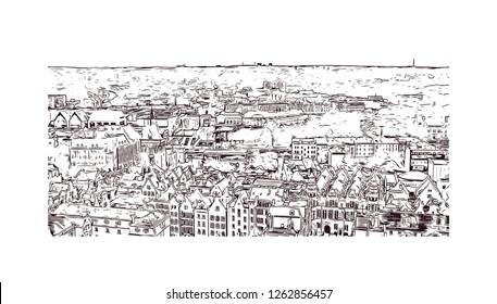 Building view with landmark of Gdansk (Danzig in German) is a port city on the Baltic coast of Poland. Hand drawn sketch illustration in vector.