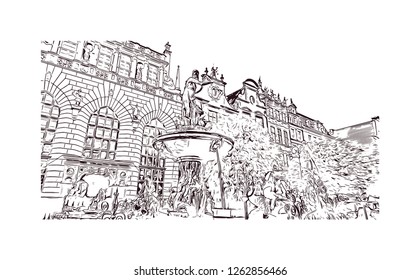 Building view with landmark of Gdansk (Danzig in German) is a port city on the Baltic coast of Poland. Hand drawn sketch illustration in vector.