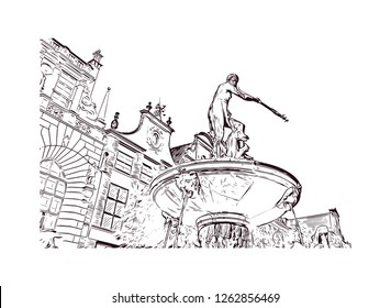 Building view with landmark of Gdansk (Danzig in German) is a port city on the Baltic coast of Poland. Hand drawn sketch illustration in vector.