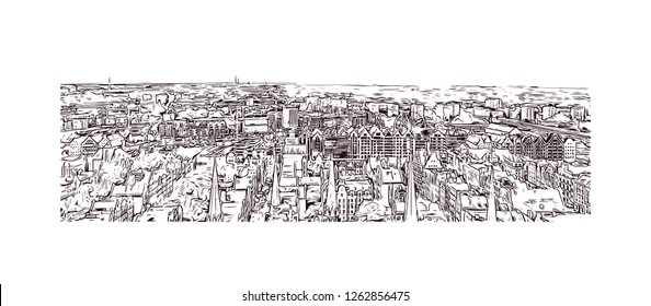 Building view with landmark of Gdansk (Danzig in German) is a port city on the Baltic coast of Poland. Hand drawn sketch illustration in vector.