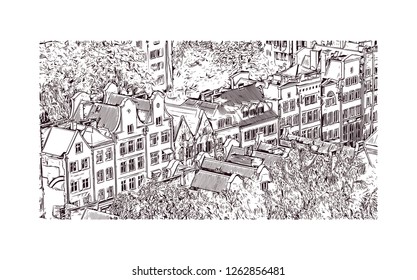 Building view with landmark of Gdansk (Danzig in German) is a port city on the Baltic coast of Poland. Hand drawn sketch illustration in vector.