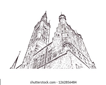 Building view with landmark of Gdansk (Danzig in German) is a port city on the Baltic coast of Poland. Hand drawn sketch illustration in vector.