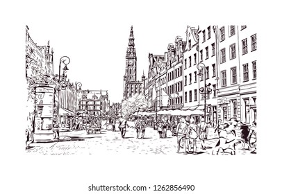 Building view with landmark of Gdansk (Danzig in German) is a port city on the Baltic coast of Poland. Hand drawn sketch illustration in vector.
