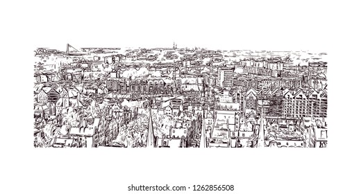 Building view with landmark of Gdansk (Danzig in German) is a port city on the Baltic coast of Poland. Hand drawn sketch illustration in vector.