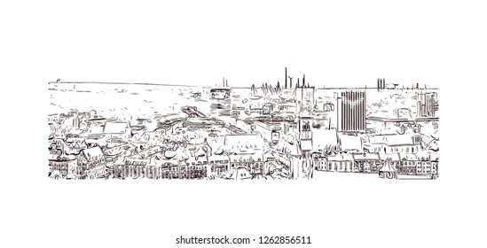 Building view with landmark of Gdansk (Danzig in German) is a port city on the Baltic coast of Poland. Hand drawn sketch illustration in vector.