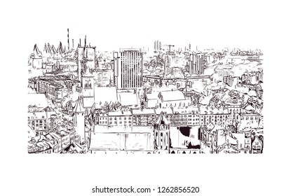 Building view with landmark of Gdansk (Danzig in German) is a port city on the Baltic coast of Poland. Hand drawn sketch illustration in vector.