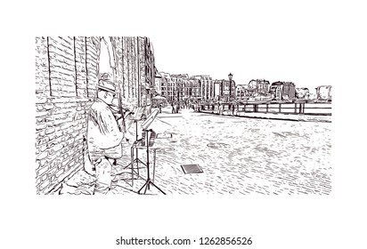 Building view with landmark of Gdansk (Danzig in German) is a port city on the Baltic coast of Poland. Hand drawn sketch illustration in vector.