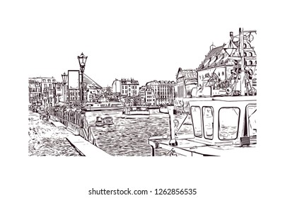 Building view with landmark of Gdansk (Danzig in German) is a port city on the Baltic coast of Poland. Hand drawn sketch illustration in vector.