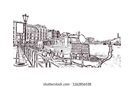 Building view with landmark of Gdansk (Danzig in German) is a port city on the Baltic coast of Poland. Hand drawn sketch illustration in vector.