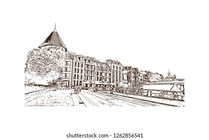 Building view with landmark of Gdansk (Danzig in German) is a port city on the Baltic coast of Poland. Hand drawn sketch illustration in vector.