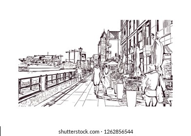 Building view with landmark of Gdansk (Danzig in German) is a port city on the Baltic coast of Poland. Hand drawn sketch illustration in vector.