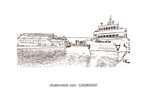 Building view with landmark of Gdansk (Danzig in German) is a port city on the Baltic coast of Poland. Hand drawn sketch illustration in vector.