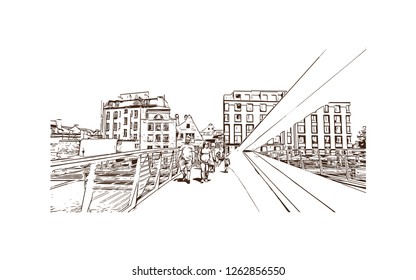 Building view with landmark of Gdansk (Danzig in German) is a port city on the Baltic coast of Poland. Hand drawn sketch illustration in vector.