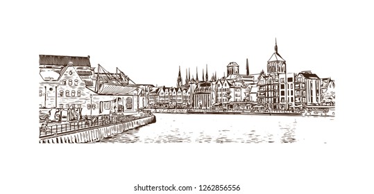 Building view with landmark of Gdansk (Danzig in German) is a port city on the Baltic coast of Poland. Hand drawn sketch illustration in vector.