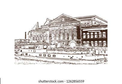 Building view with landmark of Gdansk (Danzig in German) is a port city on the Baltic coast of Poland. Hand drawn sketch illustration in vector.